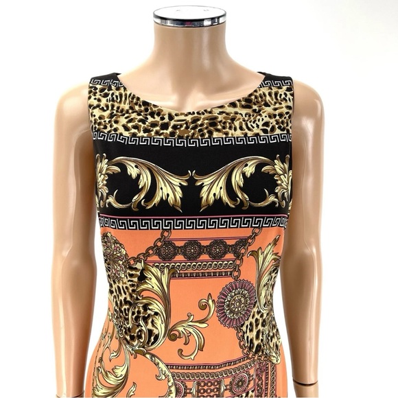 CACHE Sleeveless Sheath Dress SIZE 8 Coral Cocoa Leopard Gold Baroque Print NWT - Picture 4 of 12